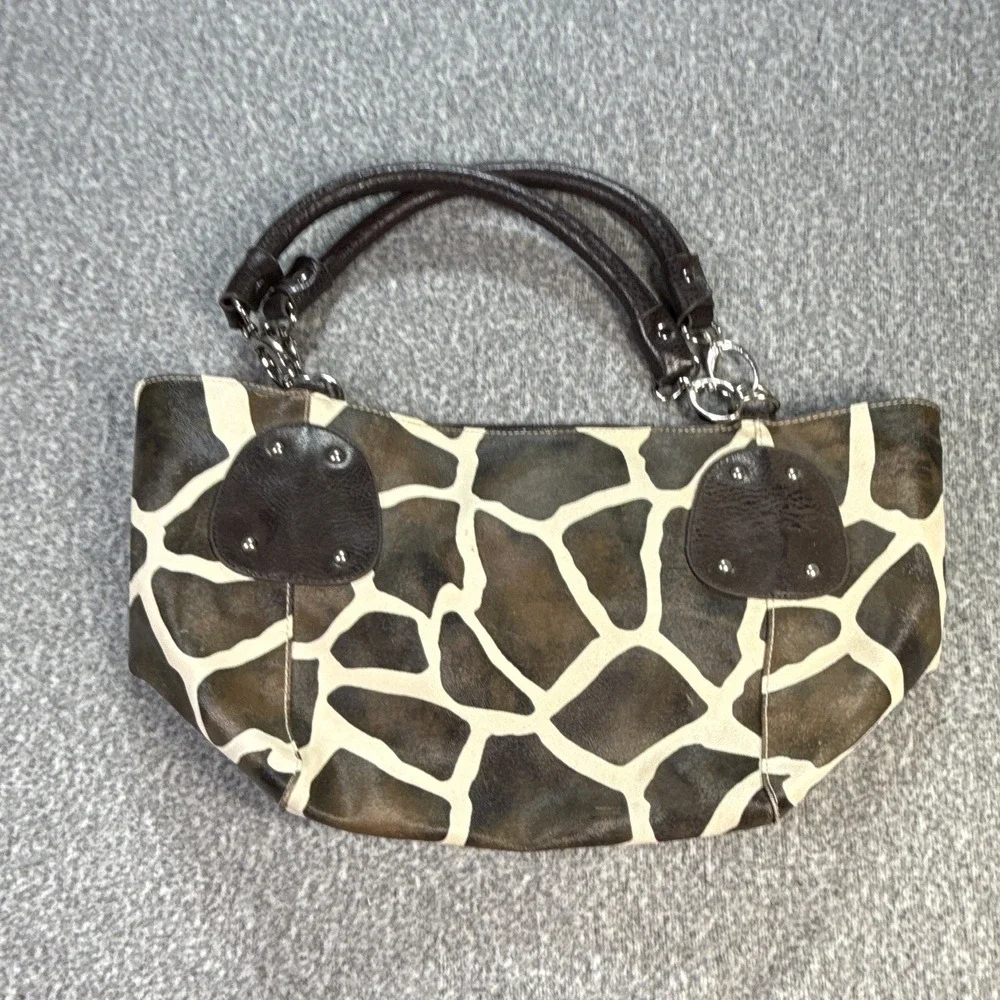 Brown/Cream Animal Print Satchel Top Handle Studded Silver Pockets